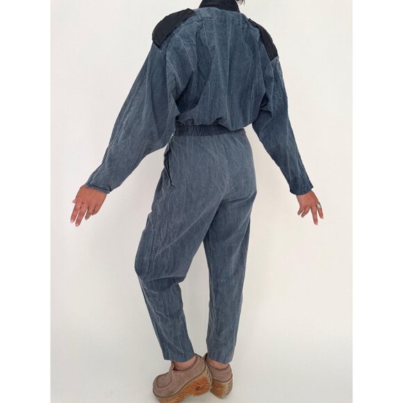 80s vintage blue chambray denim casual collared button up jumpsuit pantsuit - Picture 5 of 10